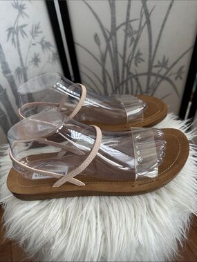 Steve Madden Tan Slides with Clear Strap and Metallic Rose Ankle Straps